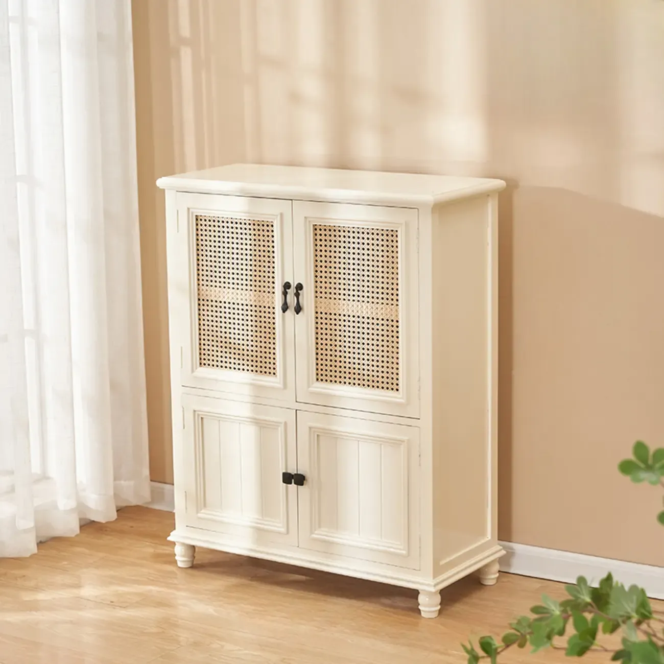 Classic Detached White Solid Wooden Wicker Storage Cabinet Image - 2