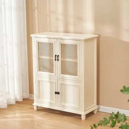 Classic Detached White Solid Wooden Wicker Storage Cabinet Image - 2