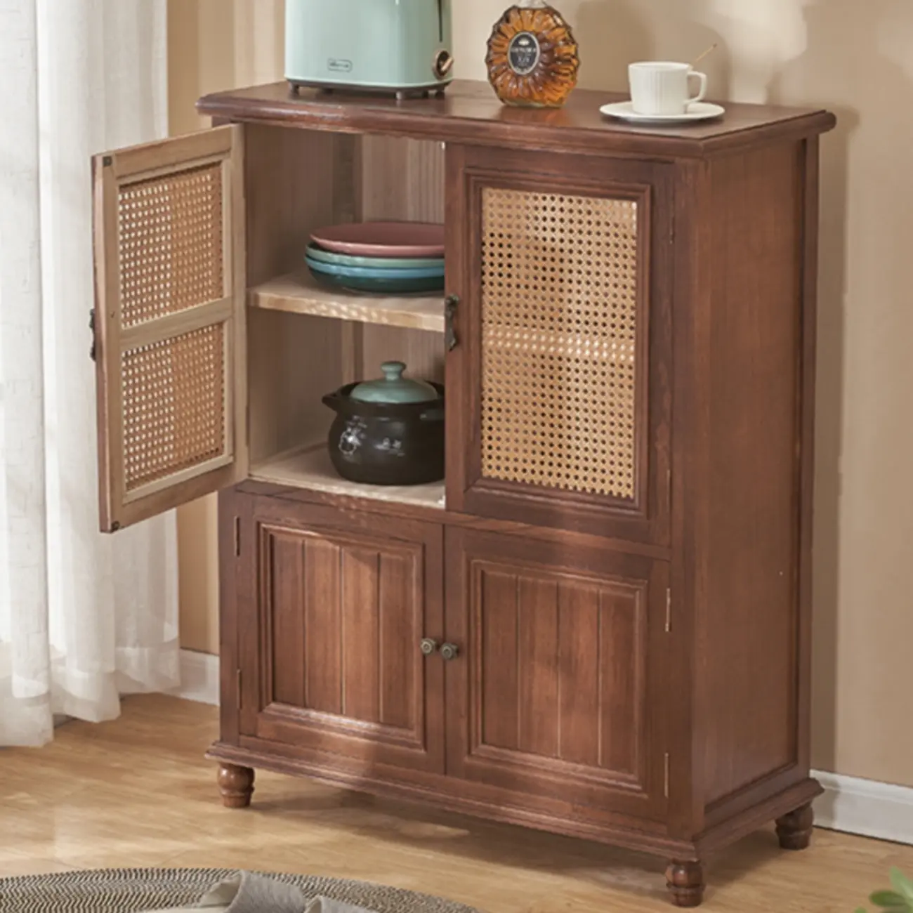 Classic Detached White Solid Wooden Wicker Storage Cabinet Image - 4 | homeyfad