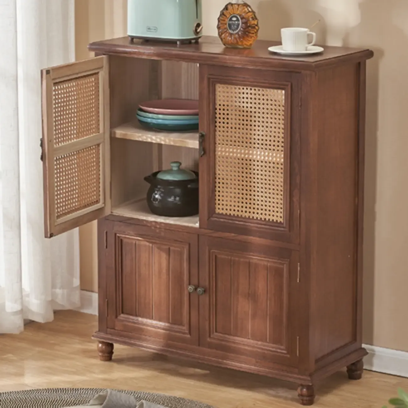 Classic Detached White Solid Wooden Wicker Storage Cabinet Image - 4