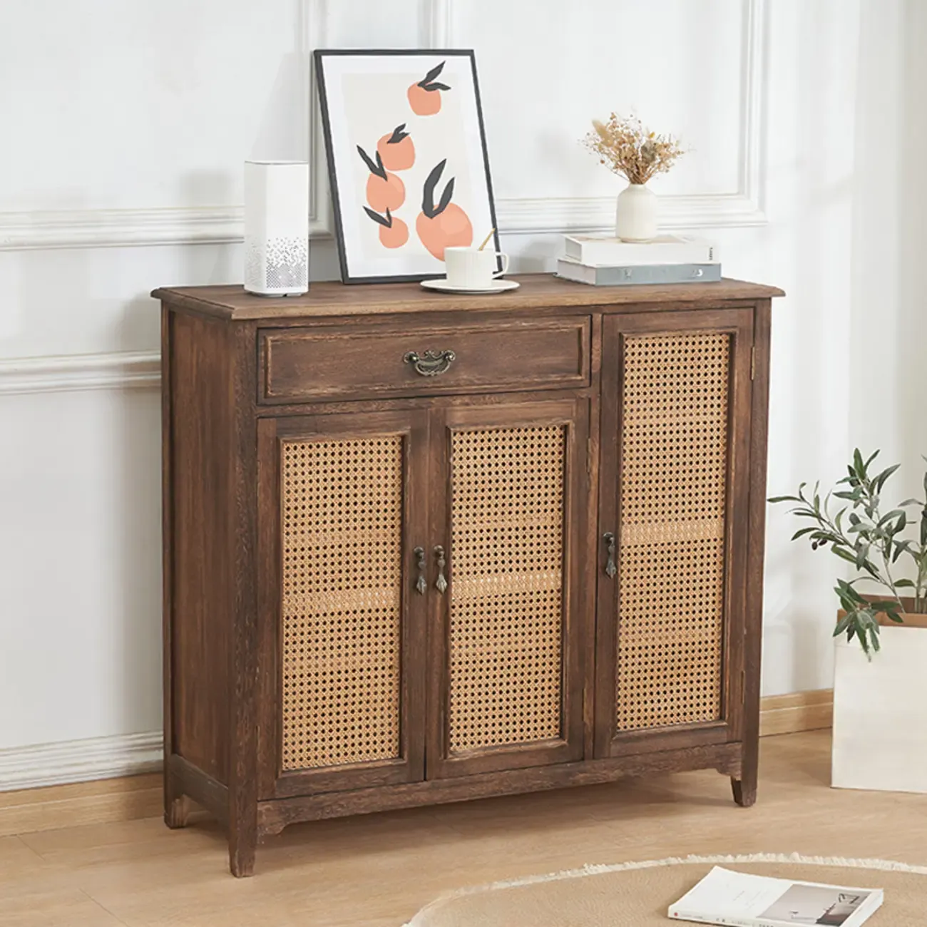 Classic Detached White Solid Wooden Wicker Storage Cabinet Image - 5