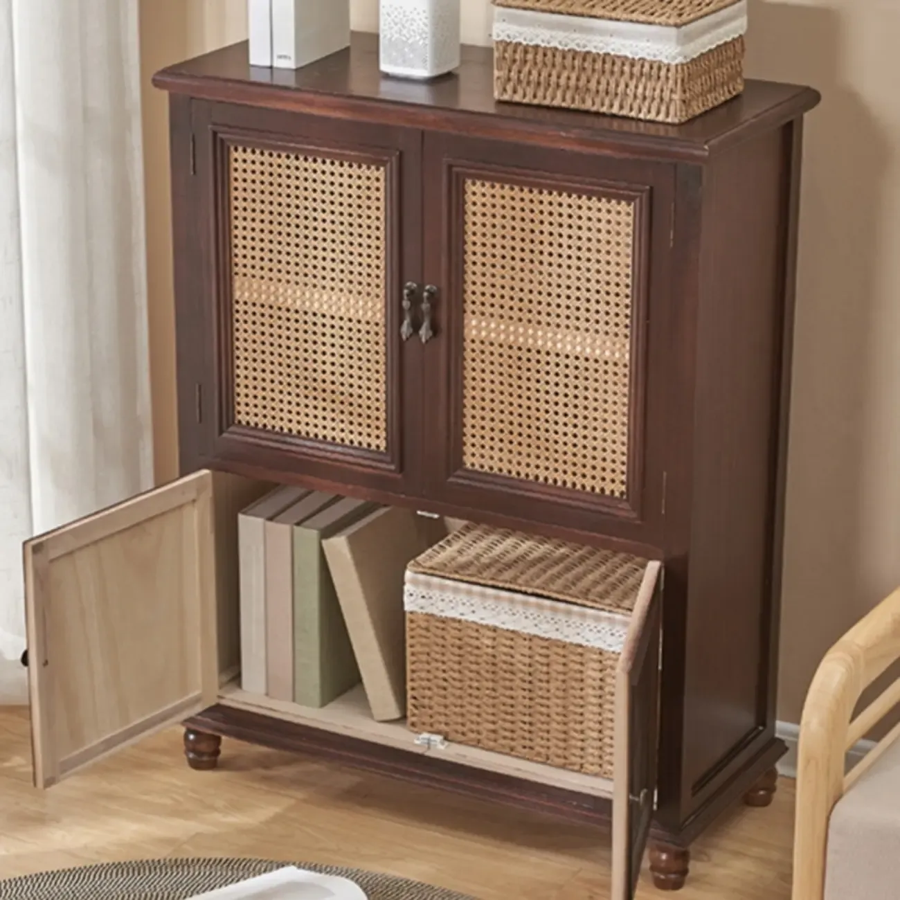 Classic Detached White Solid Wooden Wicker Storage Cabinet Image - 6