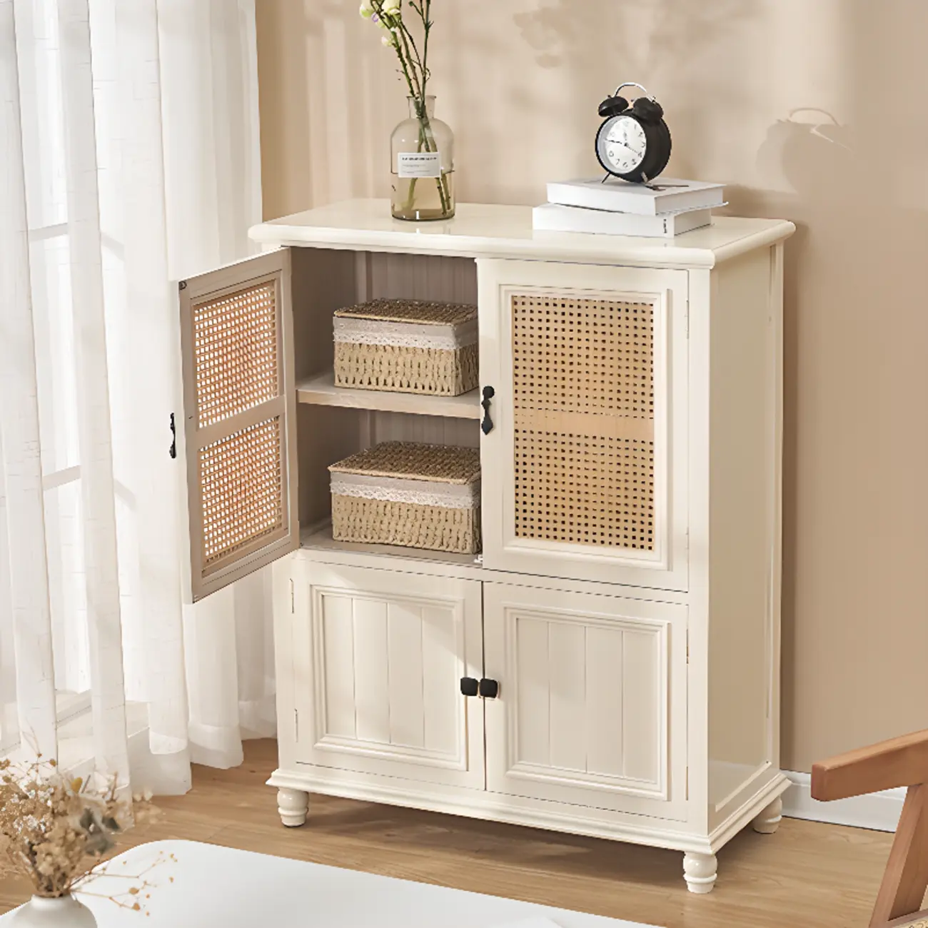 Classic Detached White Solid Wooden Wicker Storage Cabinet Image - 7 | homeyfad
