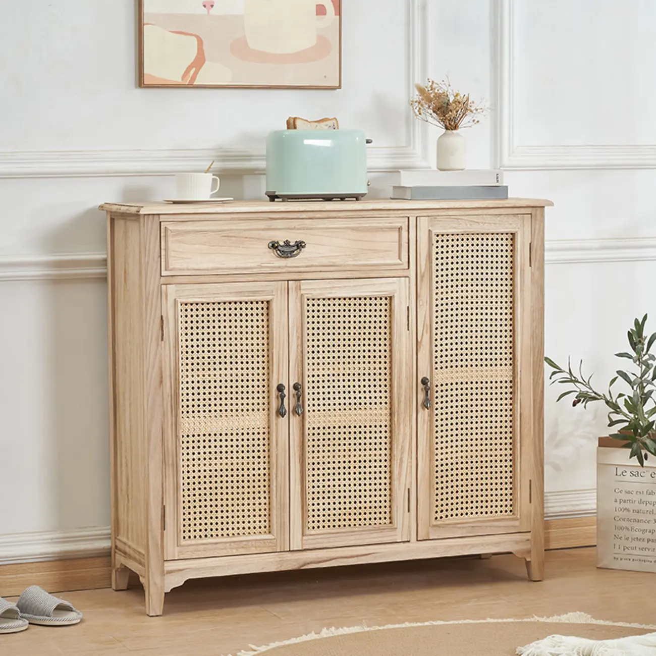Classic Detached White Solid Wooden Wicker Storage Cabinet Image - 8 | homeyfad