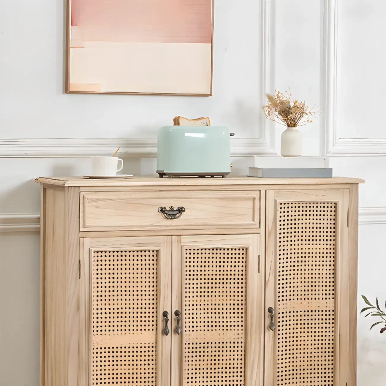 Classic Detached White Solid Wooden Wicker Storage Cabinet Image - 11