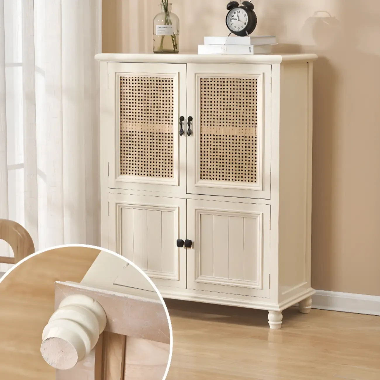 Classic Detached White Solid Wooden Wicker Storage Cabinet Image - 13