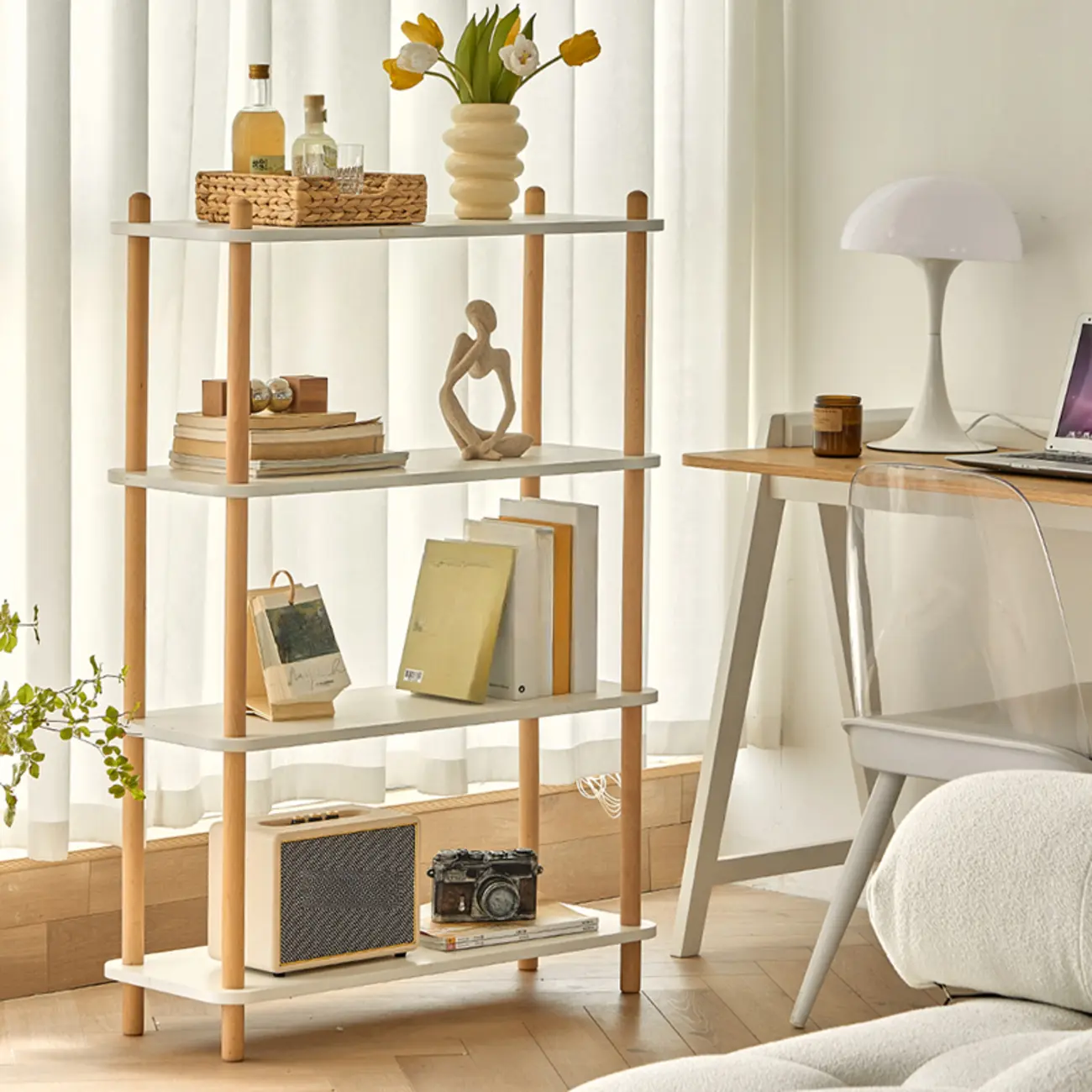 Etagere Wooden Rectangle 4-Tiers Open Back Bookcase Image - 1 | homeyfad