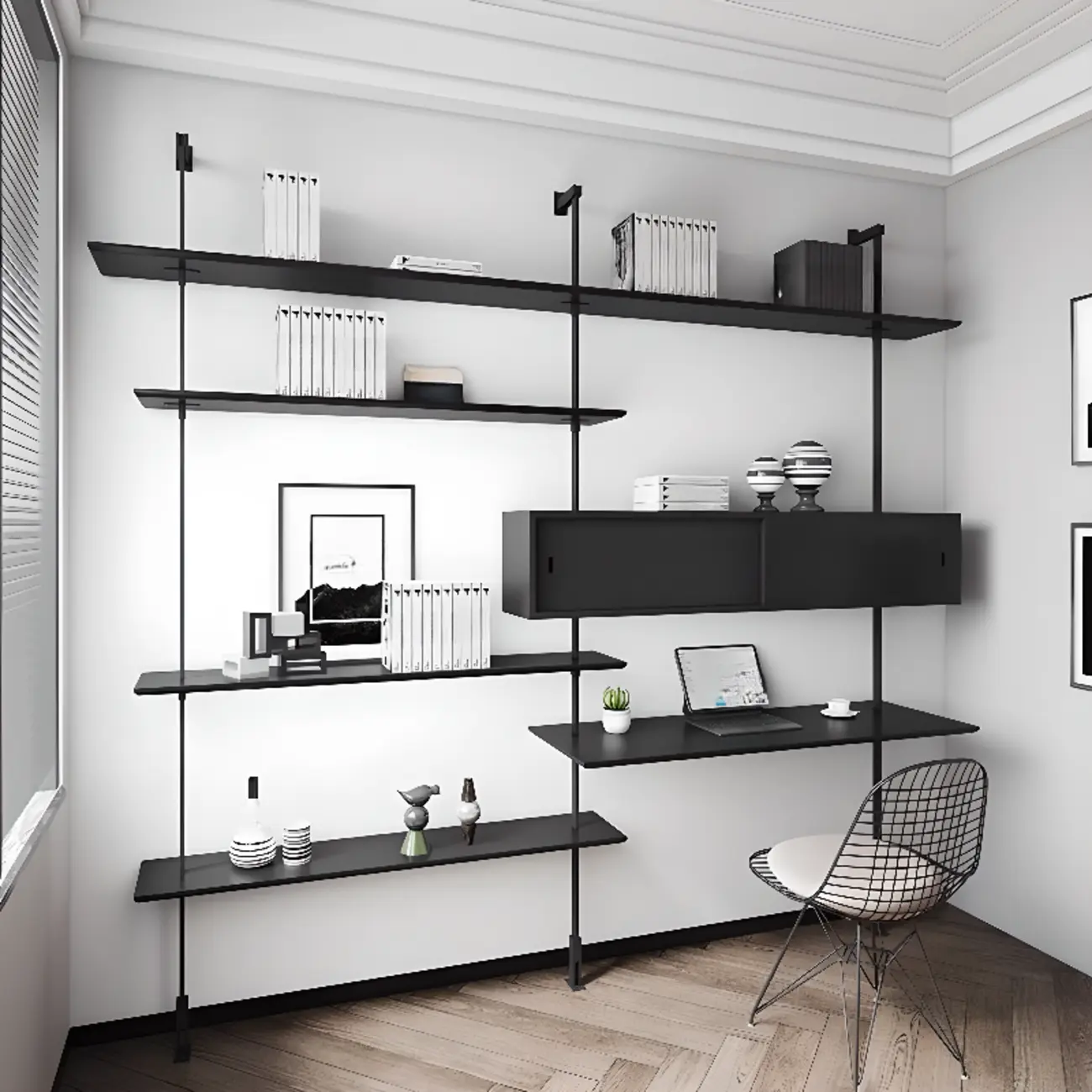 Modern Black Wood Wall-Mounted Open Bookcase Image - 1 | homeyfad