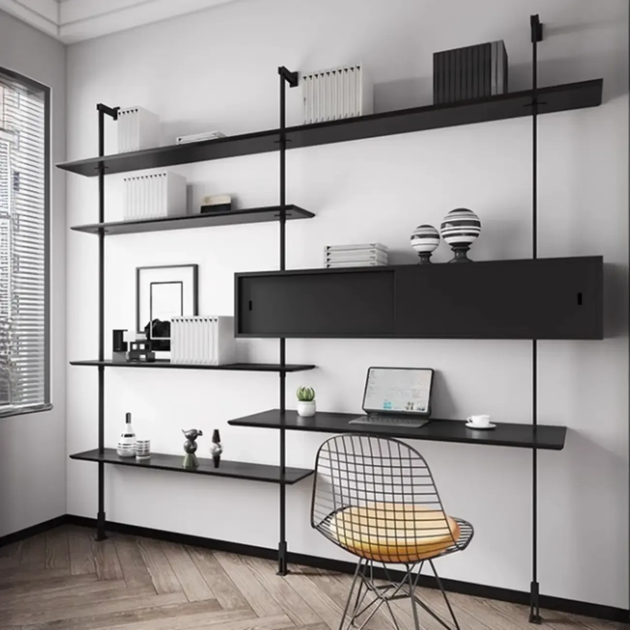 Modern Black Wood Wall-Mounted Open Bookcase Image - 2