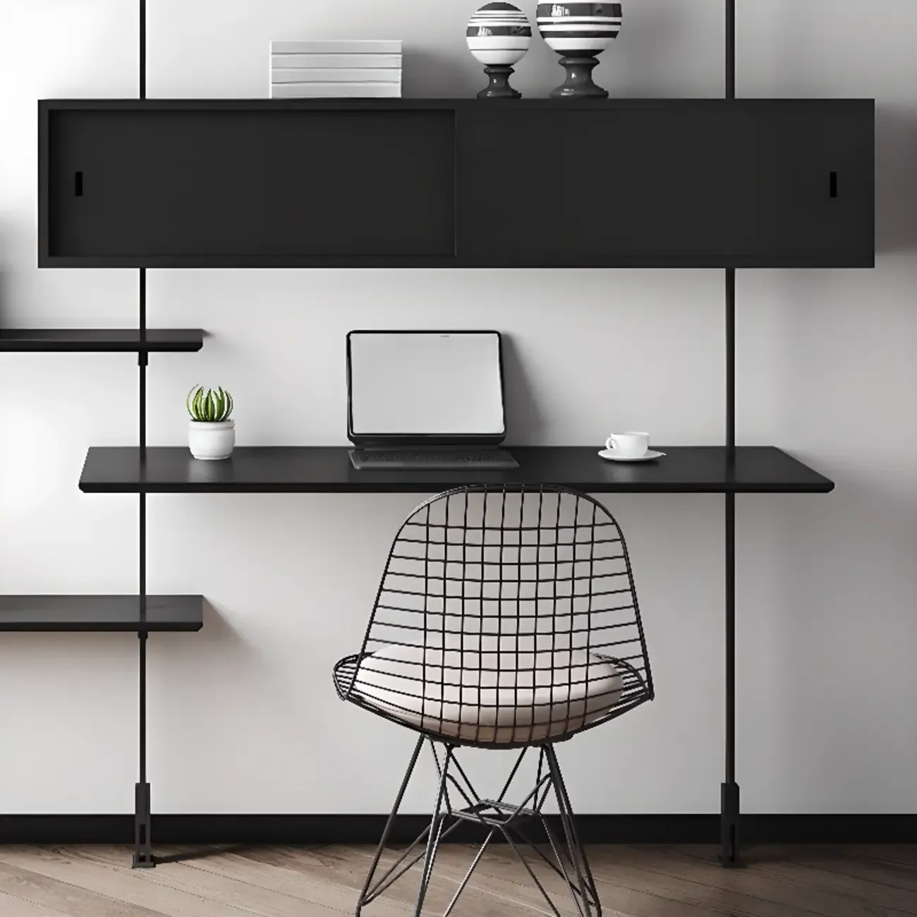 Modern Black Wood Wall-Mounted Open Bookcase Image - 4