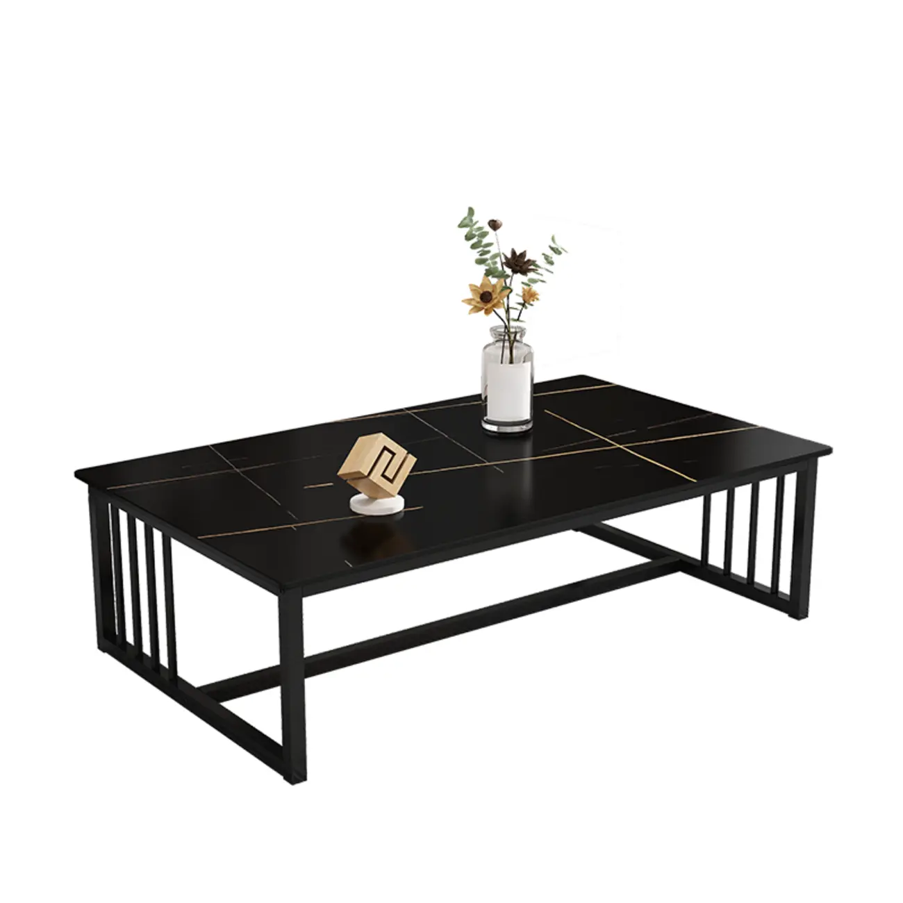 Modern Black Glass Stone Rectangular Trestle Coffee Table Image - 2 | homeyfad