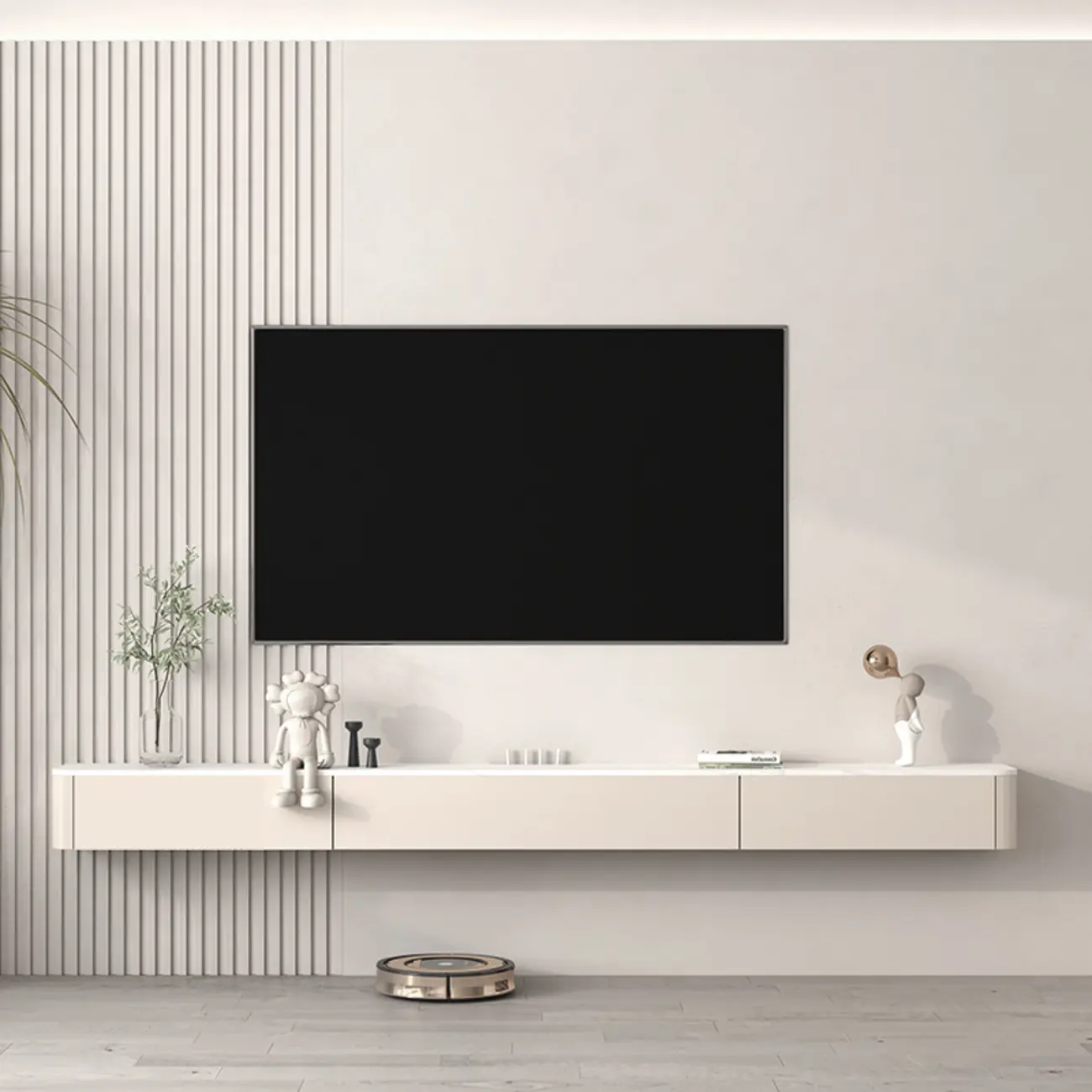 87" Off-White Long Floating Wood Cable Management TV Stand Image - 1 | homeyfad