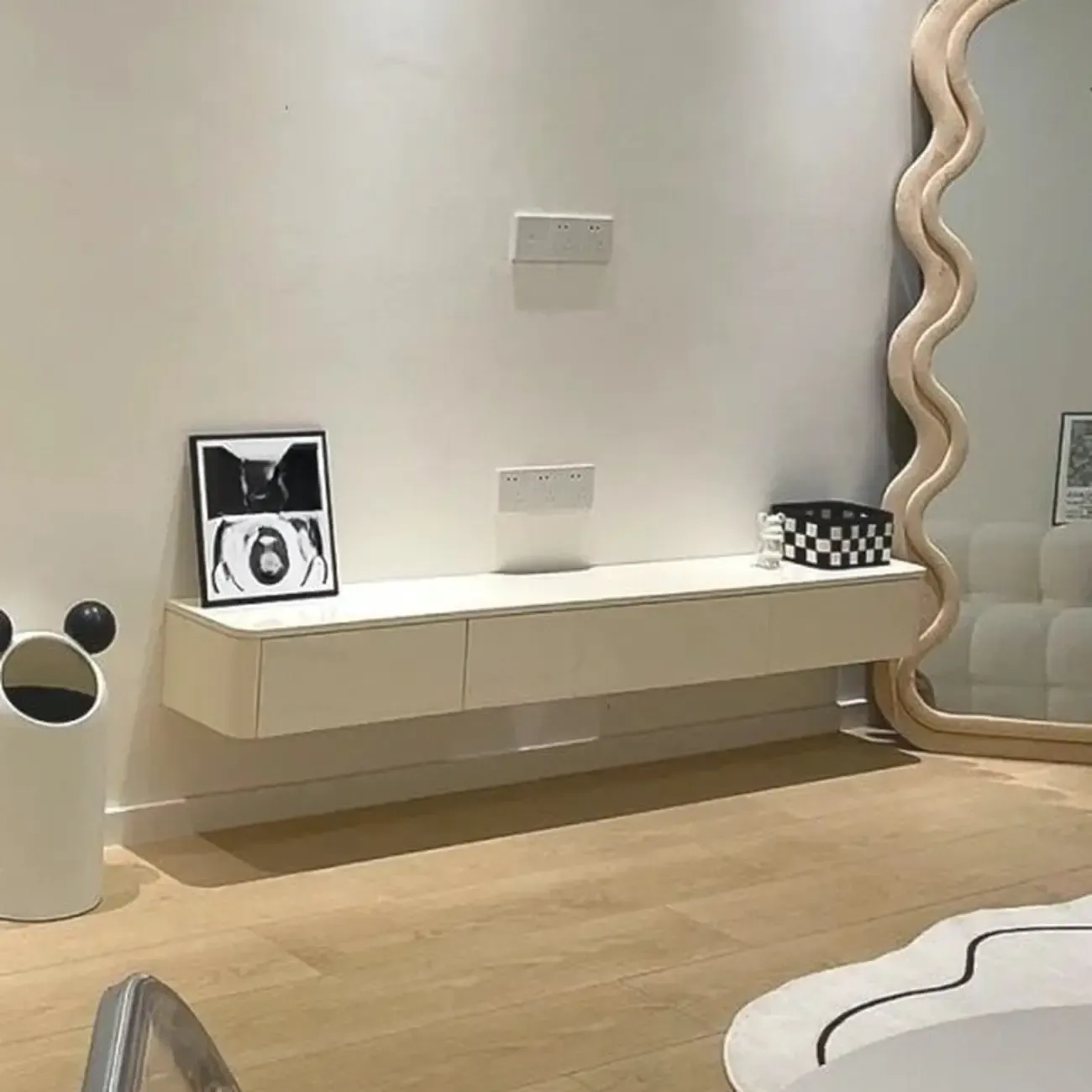 87" Off-White Long Floating Wood Cable Management TV Stand | HomeyFad