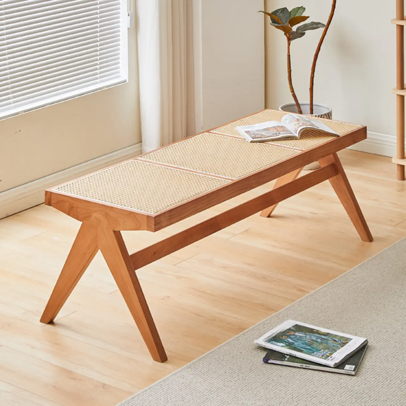 Elegant Rattan Top Finish Wooden Rectangular Cherry Benches Image - 1 | homeyfad