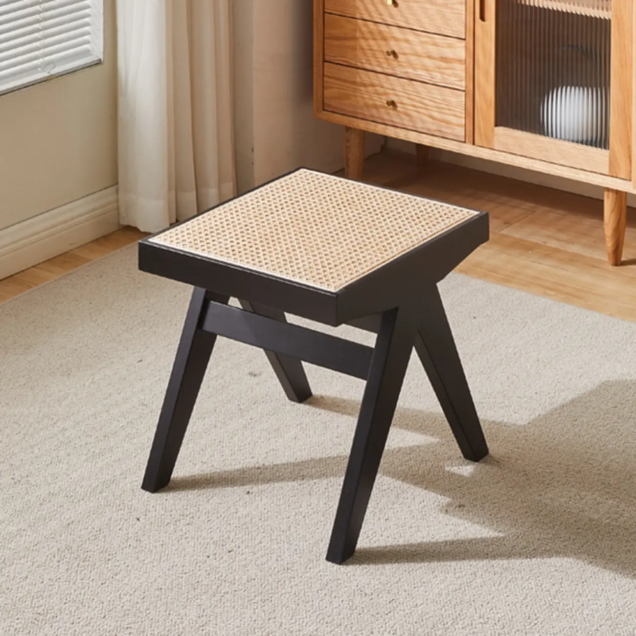 Elegant Rattan Top Finish Wooden Rectangular Cherry Benches Image - 4 | homeyfad