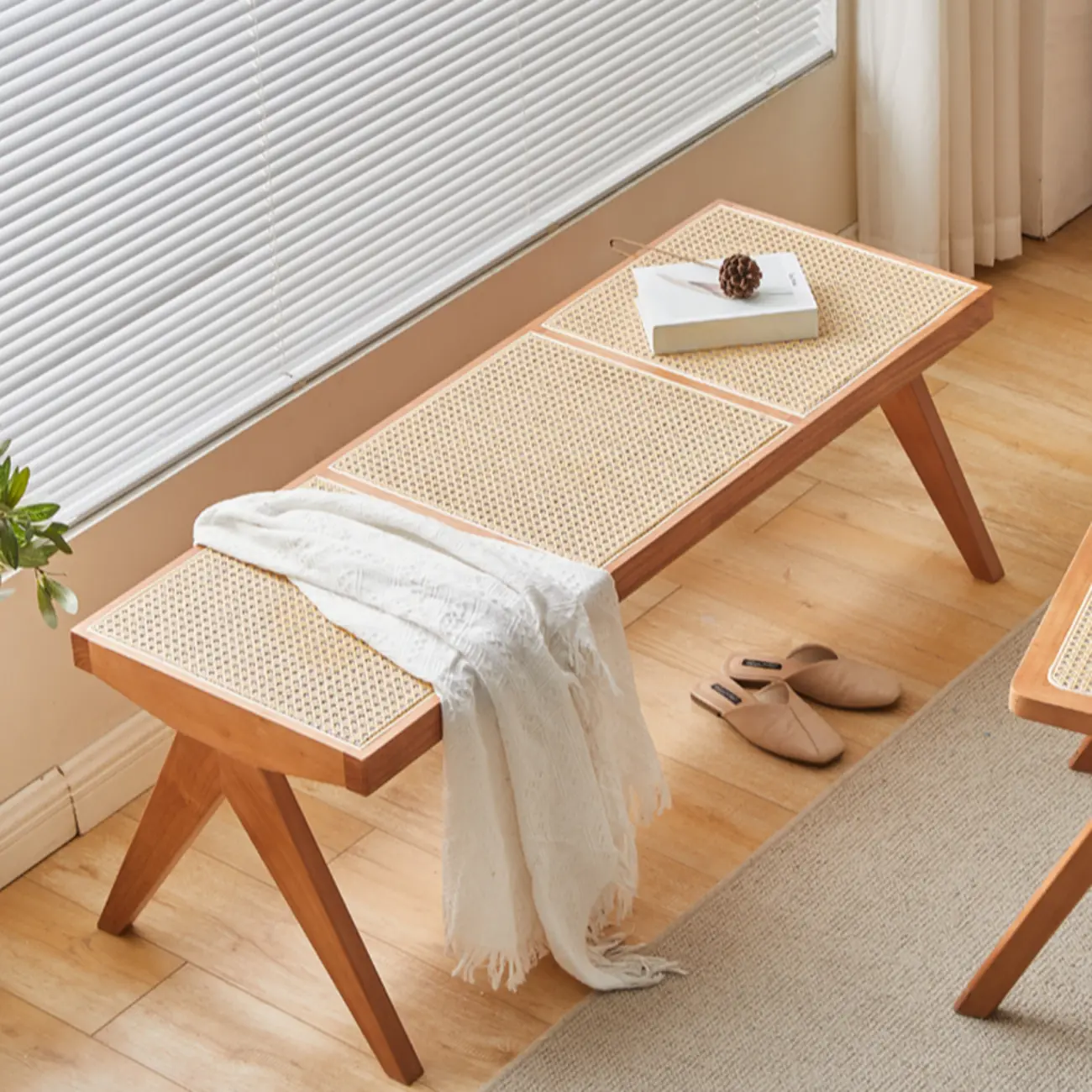 Elegant Rattan Top Finish Wooden Rectangular Cherry Benches Image - 2 | homeyfad