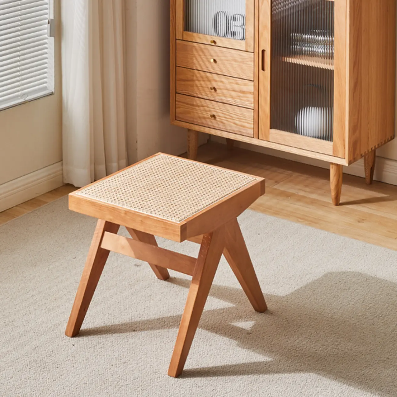 Elegant Rattan Top Finish Wooden Rectangular Cherry Benches Image - 5 | homeyfad