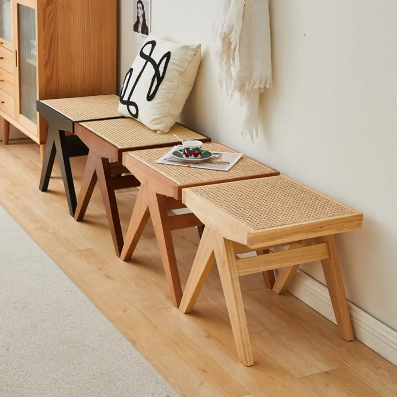 Elegant Rattan Top Finish Wooden Rectangular Cherry Benches Image - 3