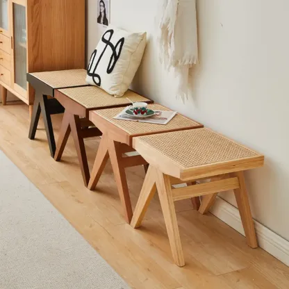 Elegant Rattan Top Finish Wooden Rectangular Cherry Benches Image - 3