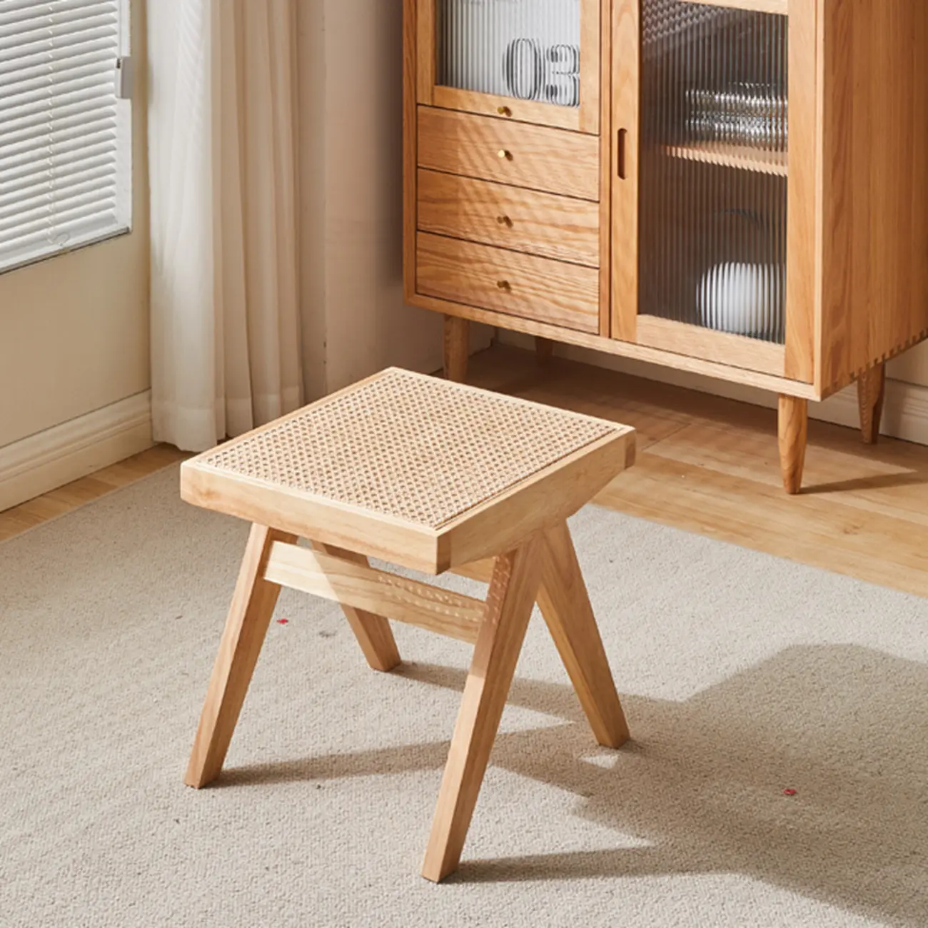 Elegant Rattan Top Finish Wooden Rectangular Cherry Benches Image - 6 | homeyfad