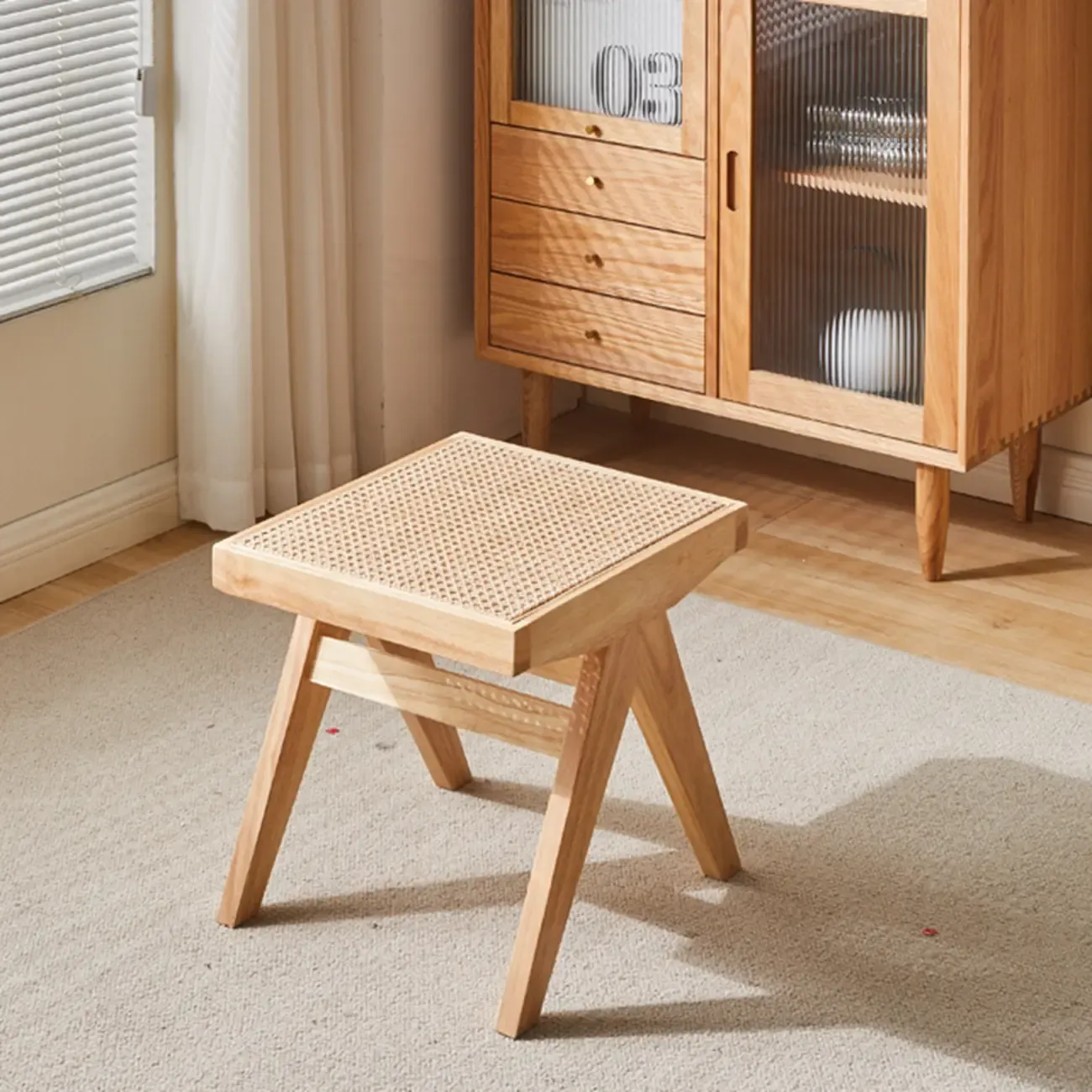 Elegant Rattan Top Finish Wooden Rectangular Cherry Benches Image - 6