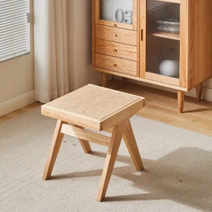 Elegant Rattan Top Finish Wooden Rectangular Cherry Benches Image - 6