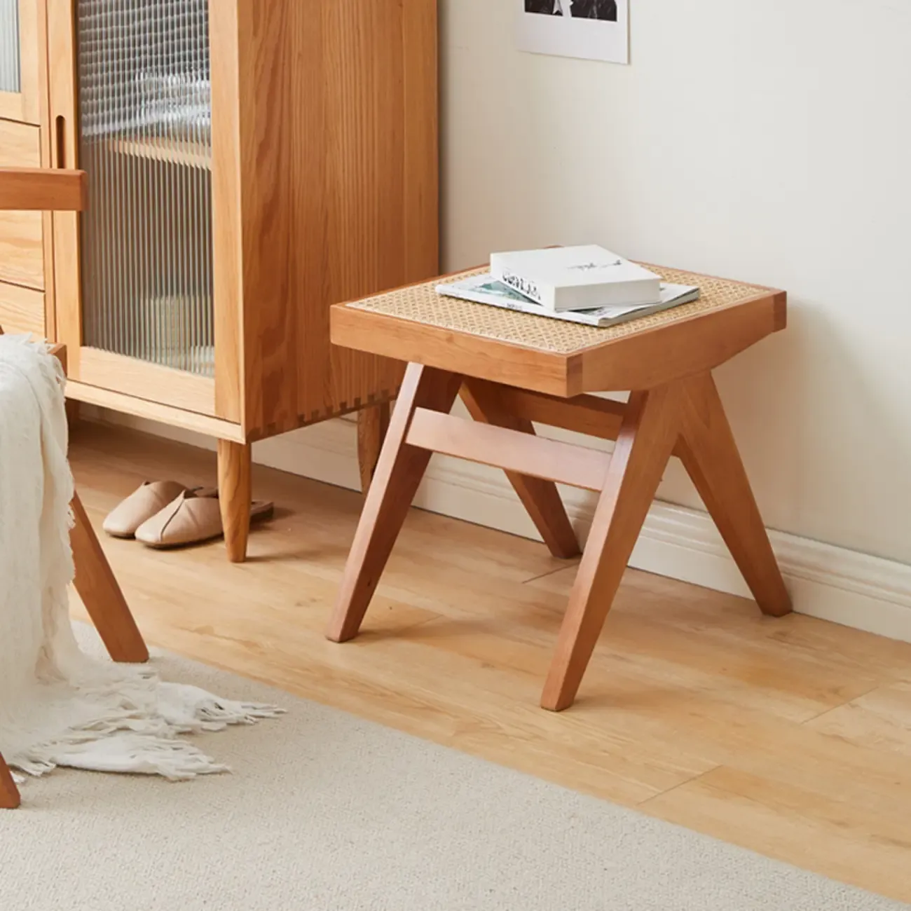 Elegant Rattan Top Finish Wooden Rectangular Cherry Benches Image - 7