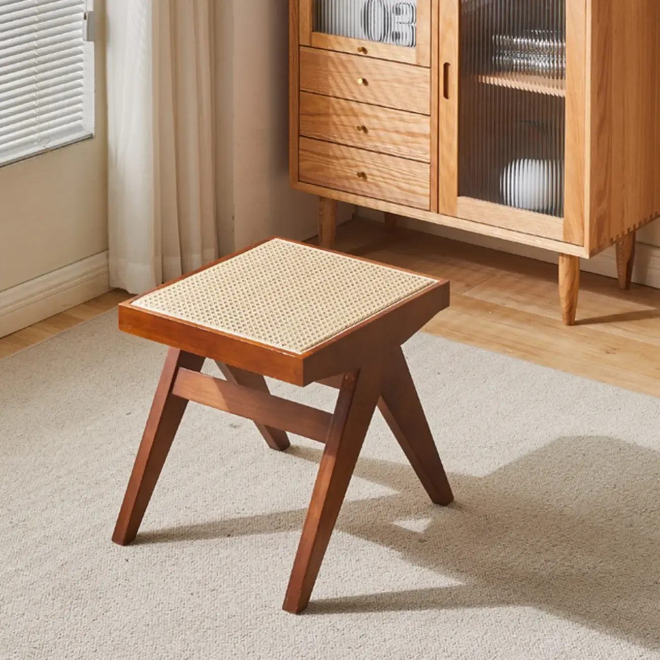 Elegant Rattan Top Finish Wooden Rectangular Cherry Benches | HomeyFad