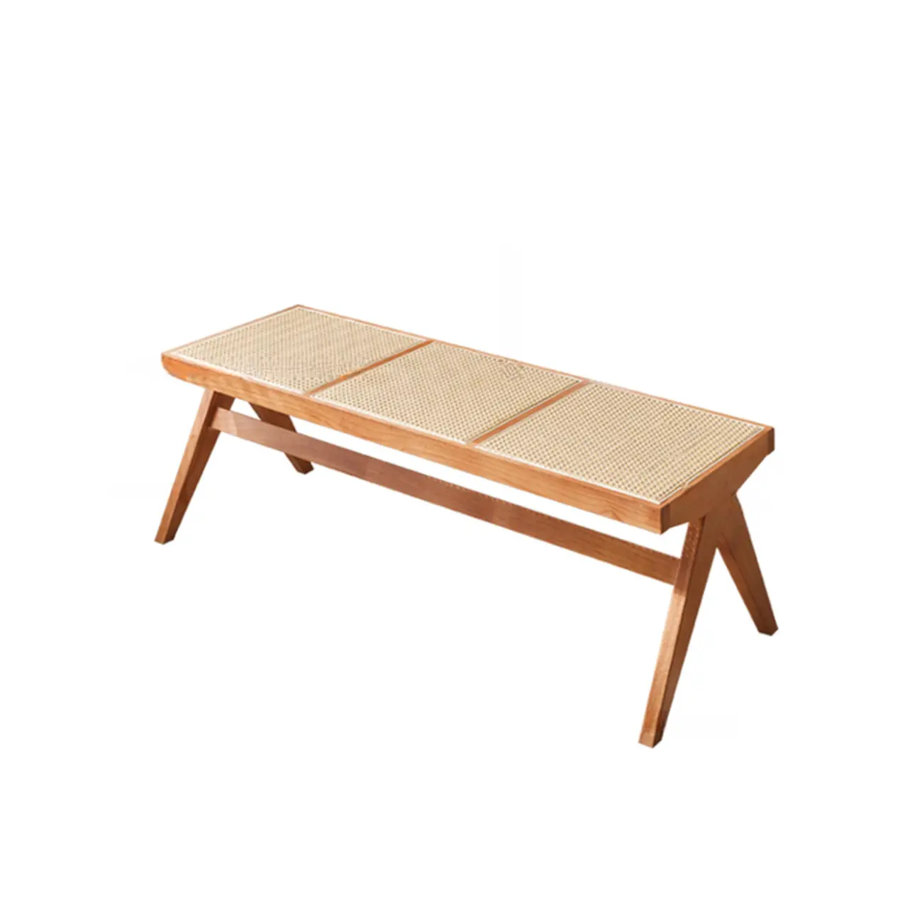 Elegant Rattan Top Finish Wooden Rectangular Cherry Benches Image - 22 | homeyfad