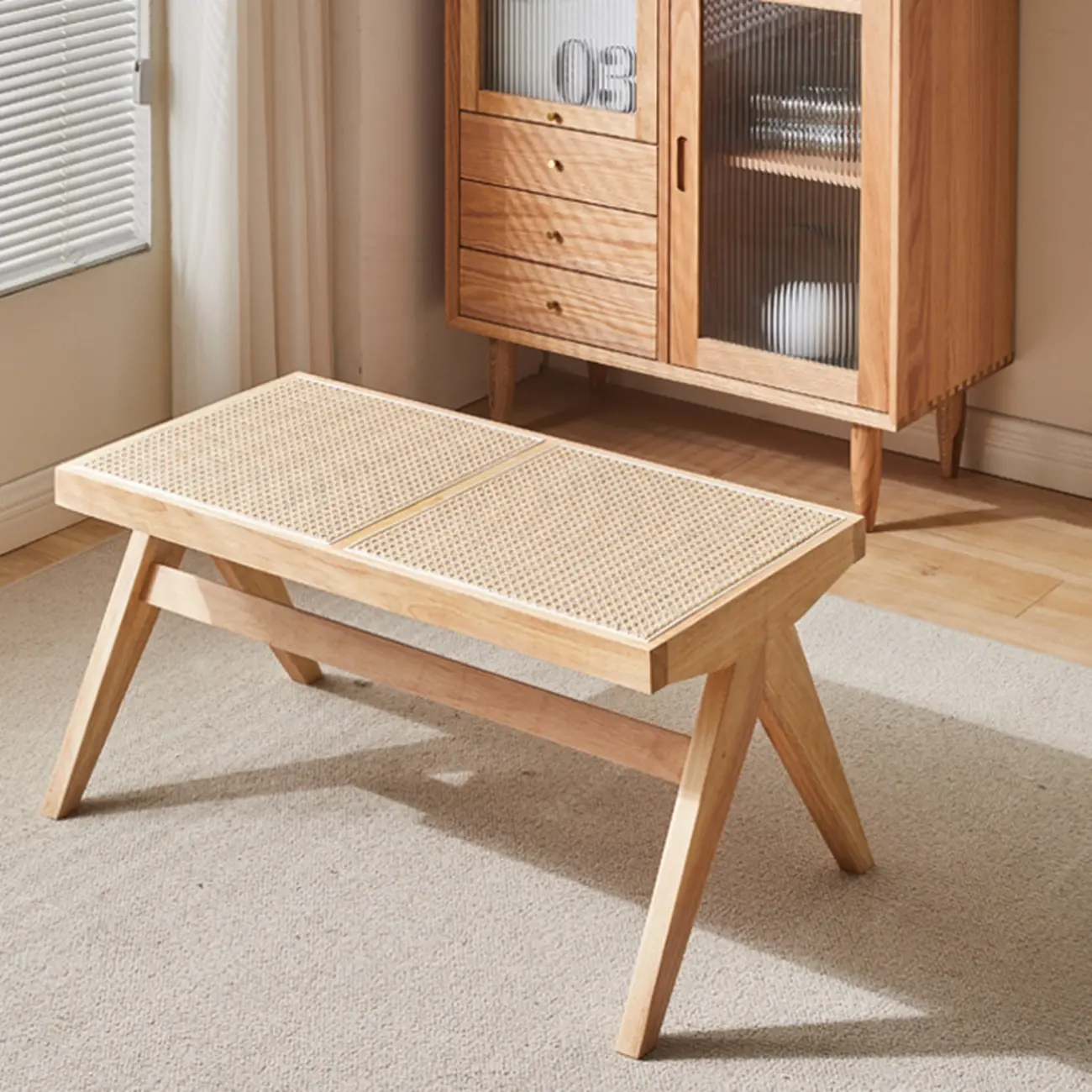 Elegant Rattan Top Finish Wooden Rectangular Cherry Benches Image - 15 | homeyfad