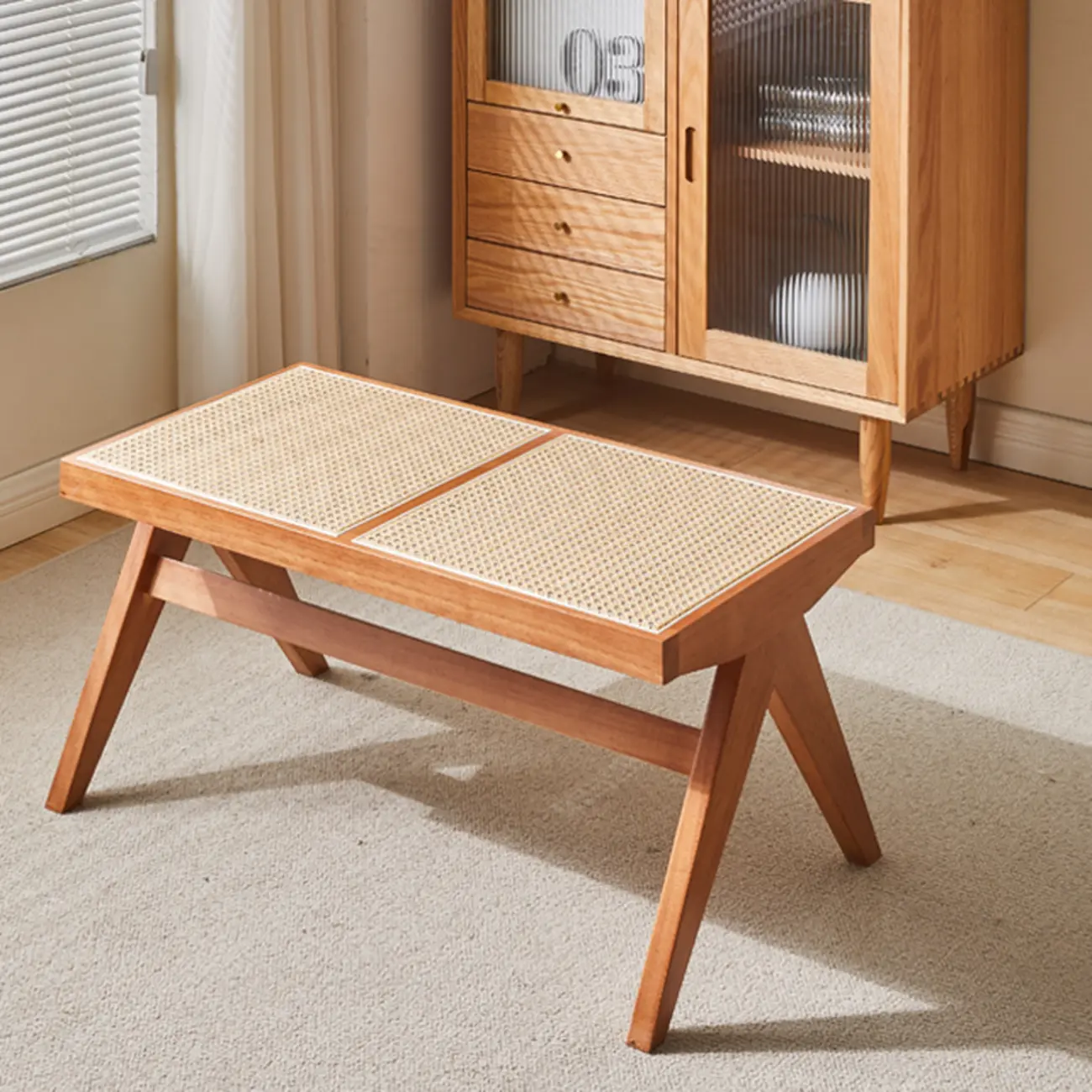 Elegant Rattan Top Finish Wooden Rectangular Cherry Benches Image - 17 | homeyfad