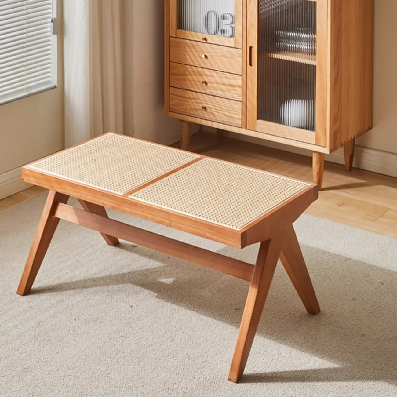 Elegant Rattan Top Finish Wooden Rectangular Cherry Benches Image - 17