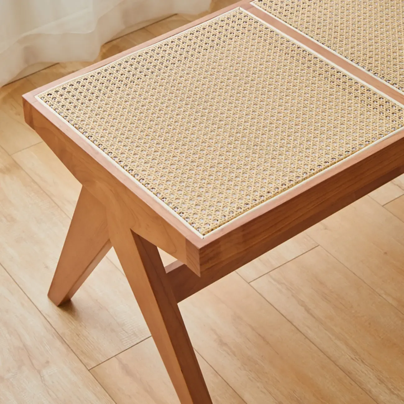 Elegant Rattan Top Finish Wooden Rectangular Cherry Benches Image - 9