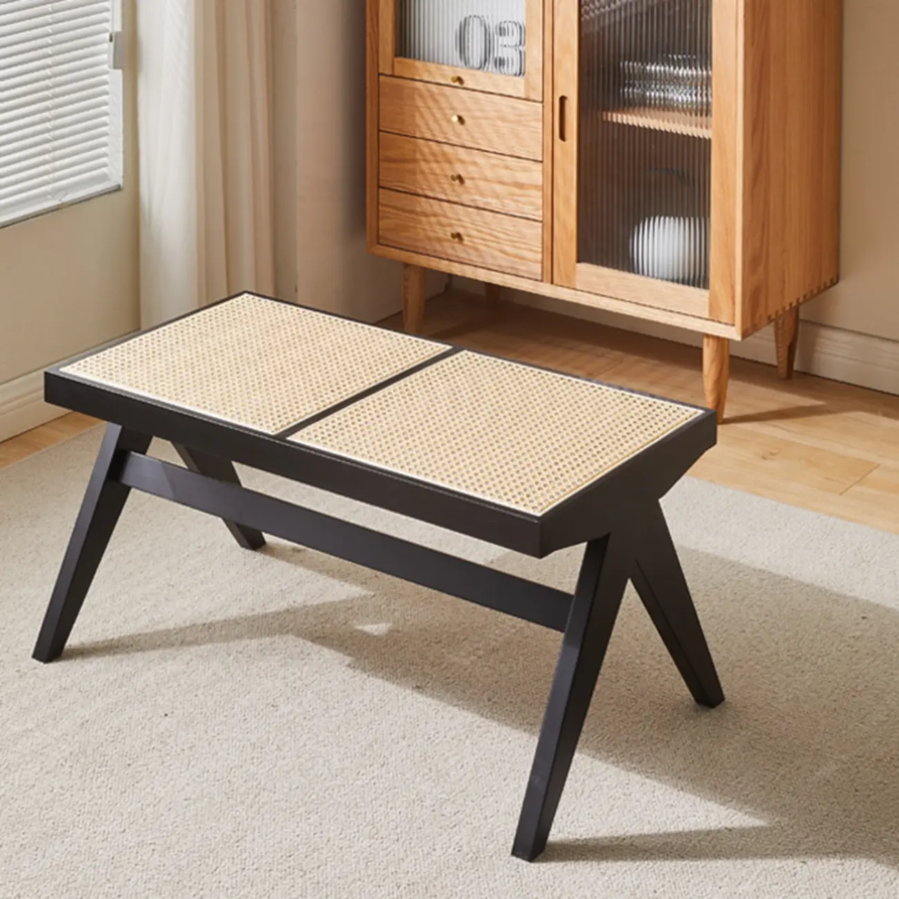 Elegant Rattan Top Finish Wooden Rectangular Cherry Benches Image - 16 | homeyfad