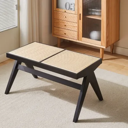 Elegant Rattan Top Finish Wooden Rectangular Cherry Benches Image - 16