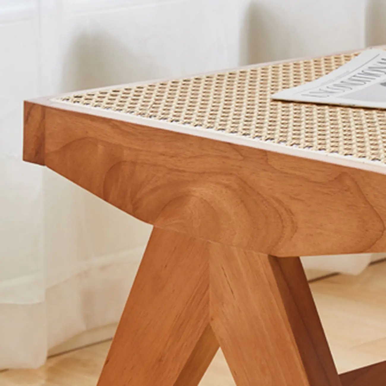 Elegant Rattan Top Finish Wooden Rectangular Cherry Benches Image - 10 | homeyfad