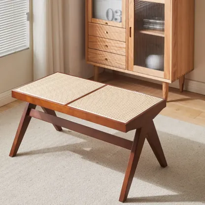 Elegant Rattan Top Finish Wooden Rectangular Cherry Benches Image - 13