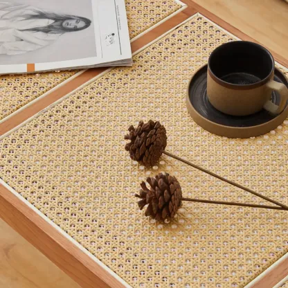 Elegant Rattan Top Finish Wooden Rectangular Cherry Benches Image - 14