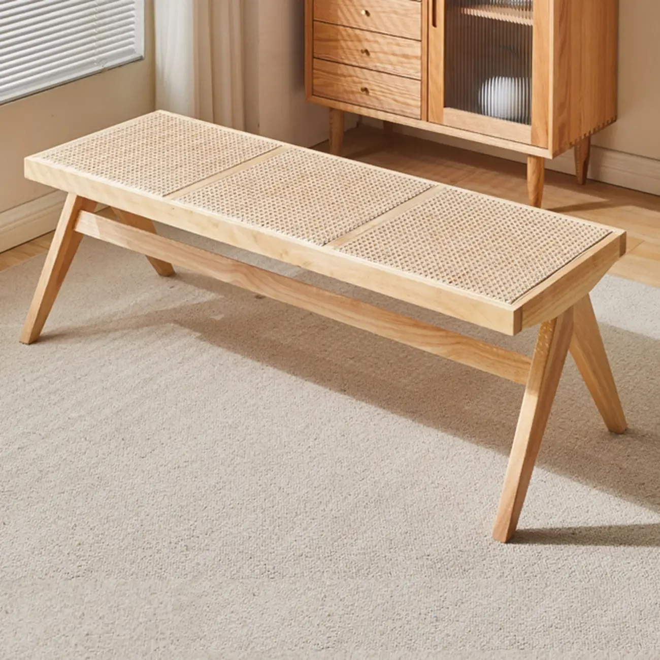 Elegant Rattan Top Finish Wooden Rectangular Cherry Benches Image - 18