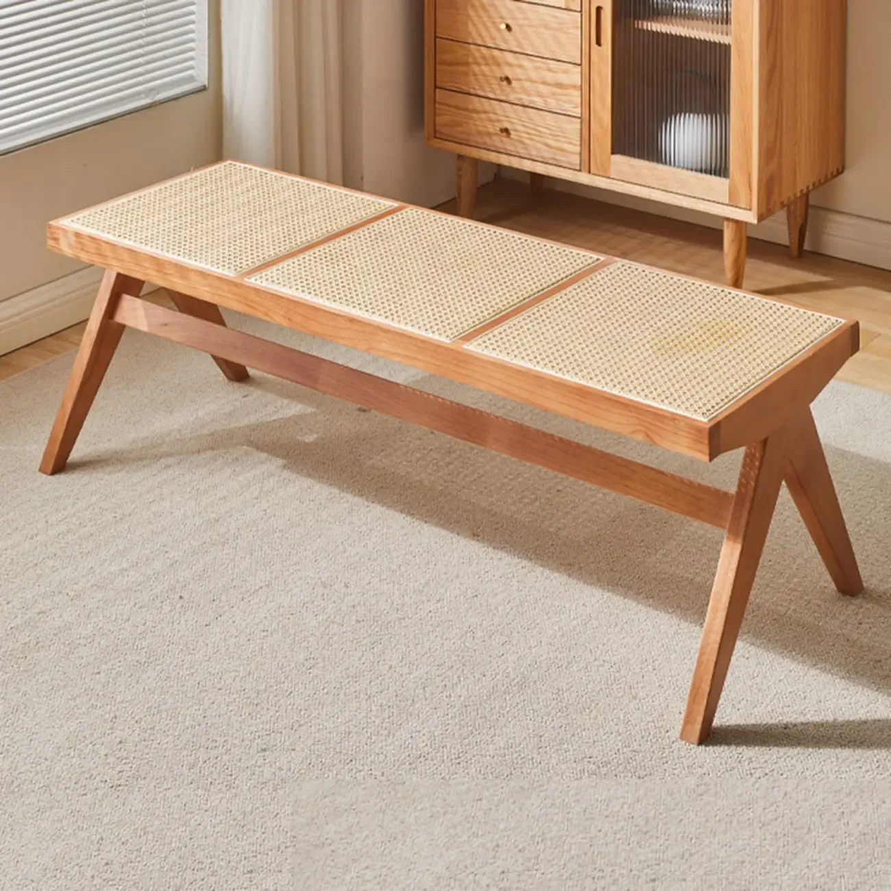 Elegant Rattan Top Finish Wooden Rectangular Cherry Benches Image - 19