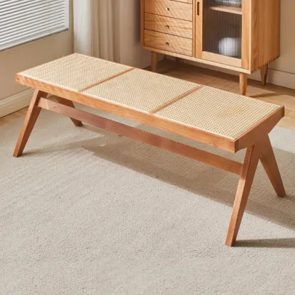 Elegant Rattan Top Finish Wooden Rectangular Cherry Benches Image - 19