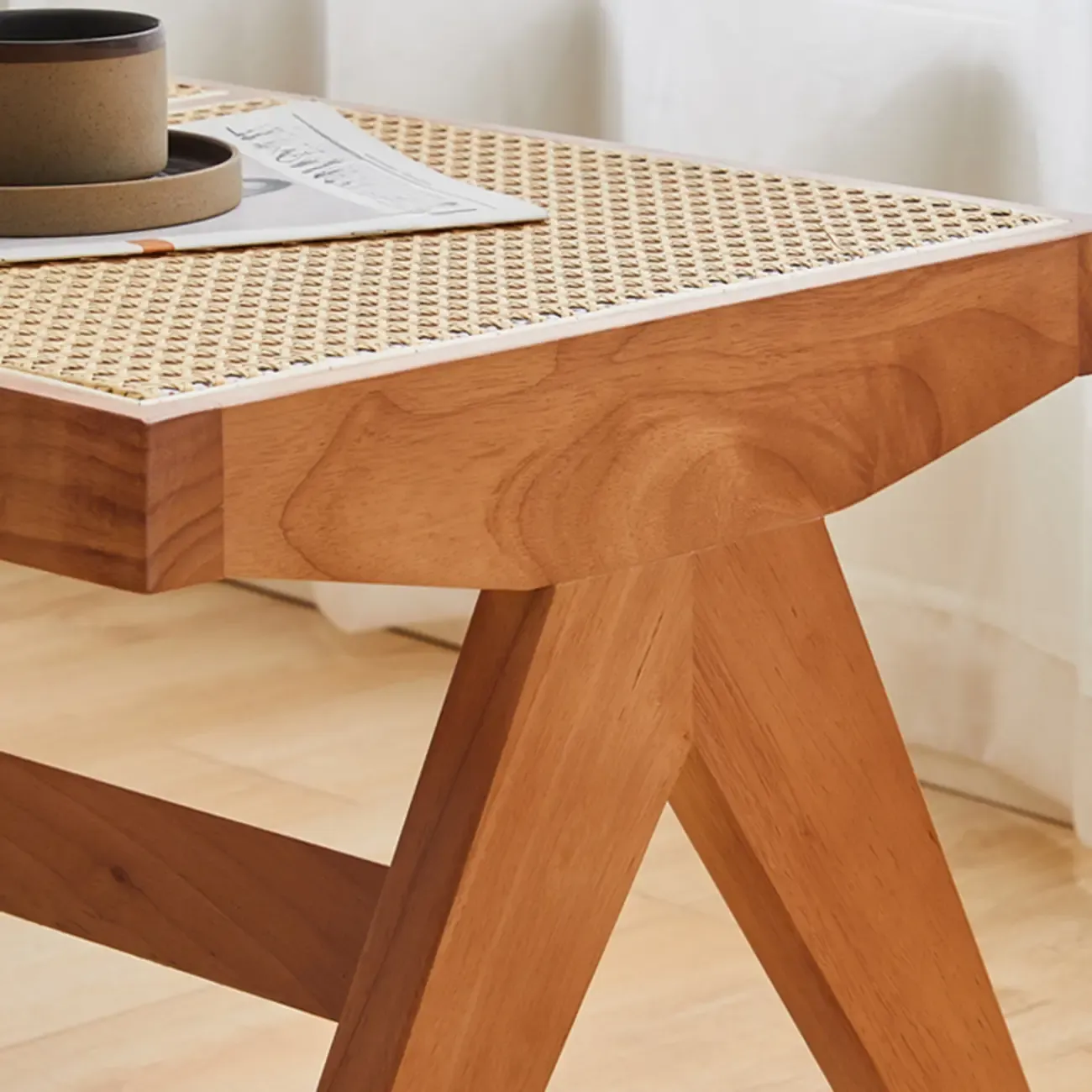 Elegant Rattan Top Finish Wooden Rectangular Cherry Benches Image - 12