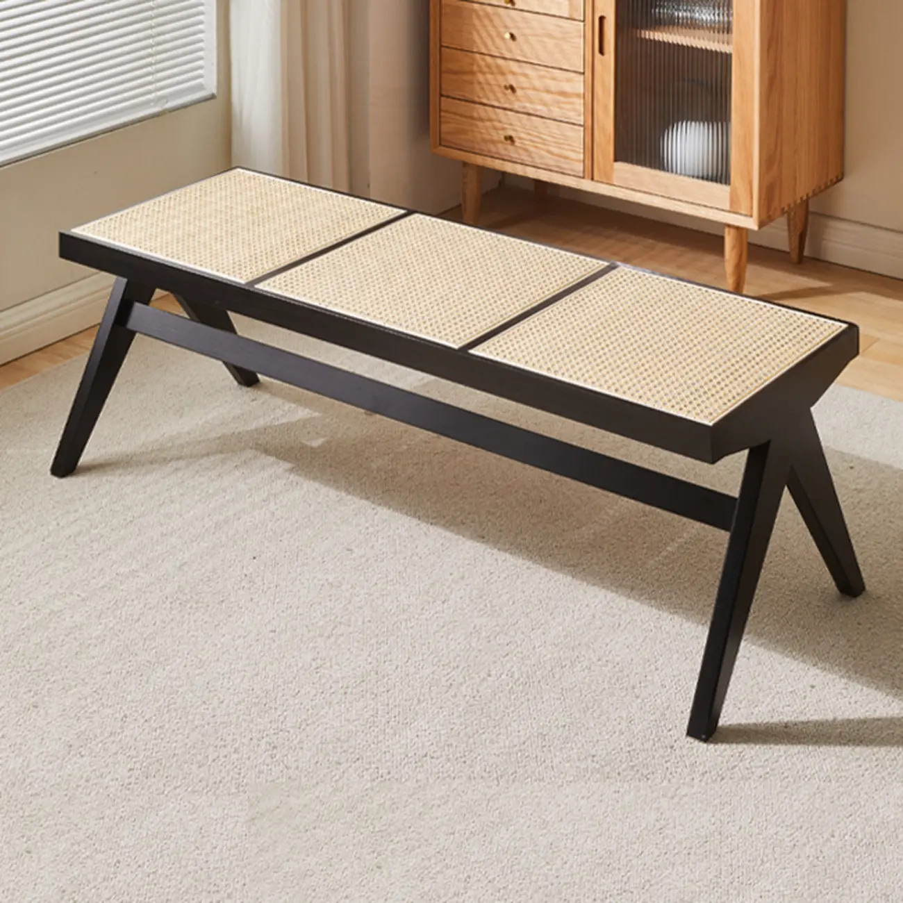 Elegant Rattan Top Finish Wooden Rectangular Cherry Benches Image - 21 | homeyfad