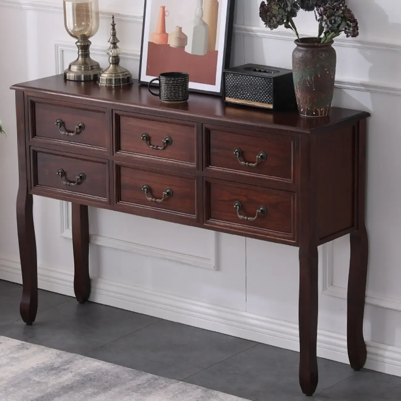 Rectangular Dark Walnut Wood Storage Console Table Image - 6