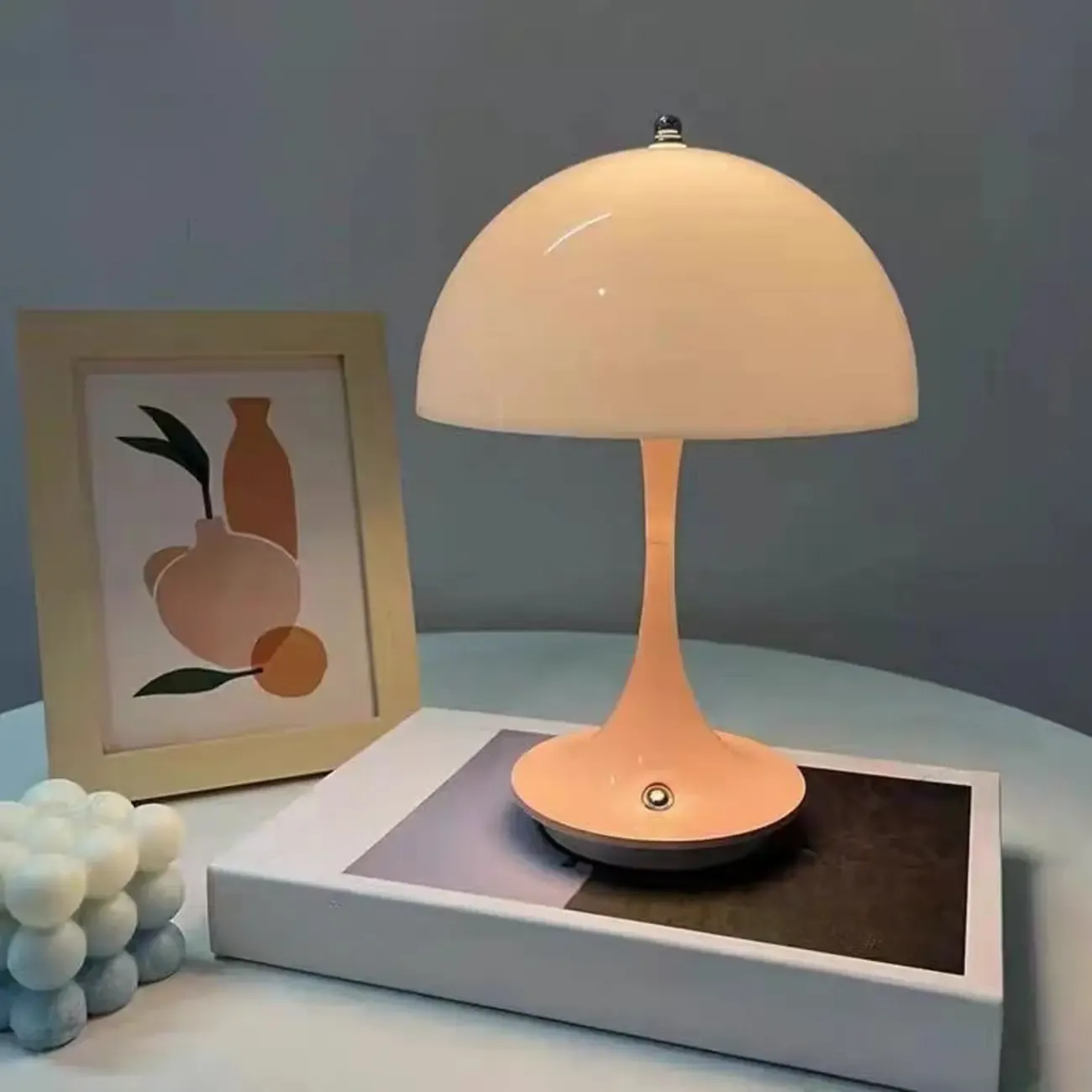 Art Deco White LED Dome Acrylic Shade Cordless Table Lamp Image - 2