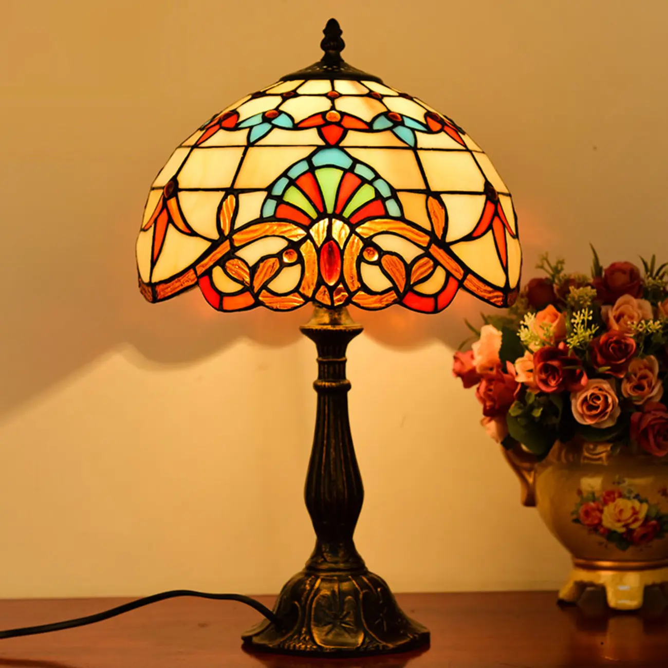 Elegant Tiffany Glass Dome Bronze Bedroom Lamp Image - 3 | homeyfad