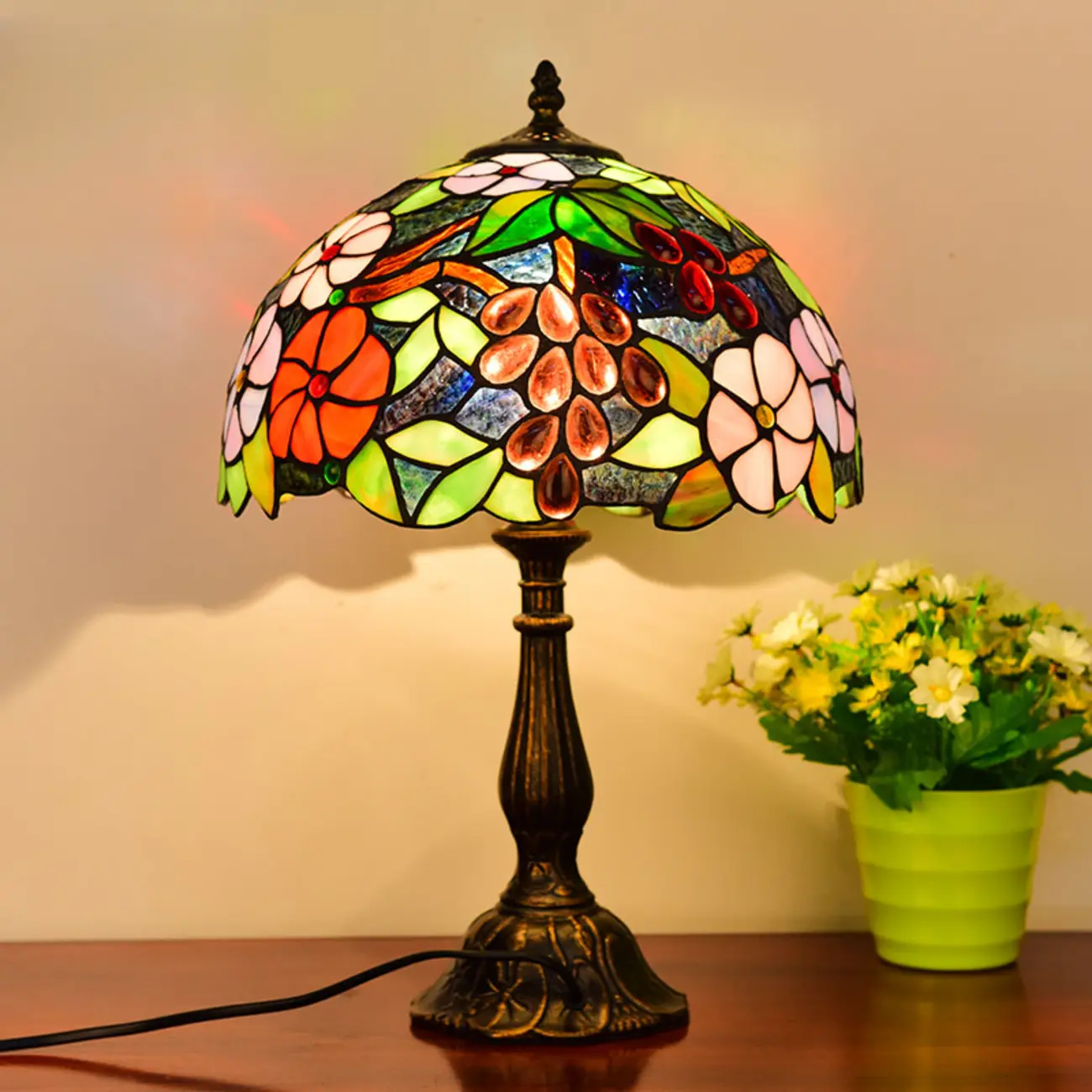 Elegant Tiffany Glass Dome Bronze Bedroom Lamp Image - 5 | homeyfad