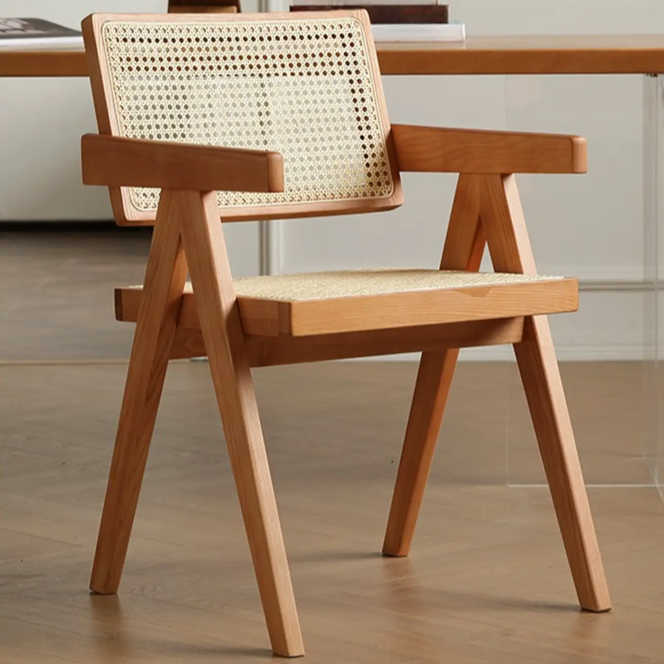 Natural Wooden Wicker Arm Dining Chair with Back Image - 1 | homeyfad