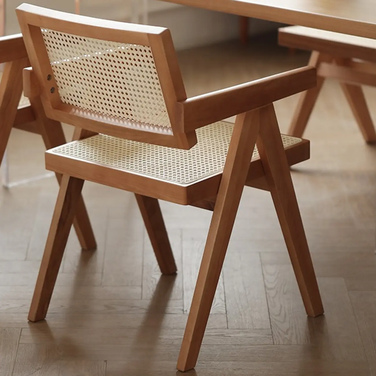 Natural Wooden Wicker Arm Dining Chair with Back Image - 2 | homeyfad