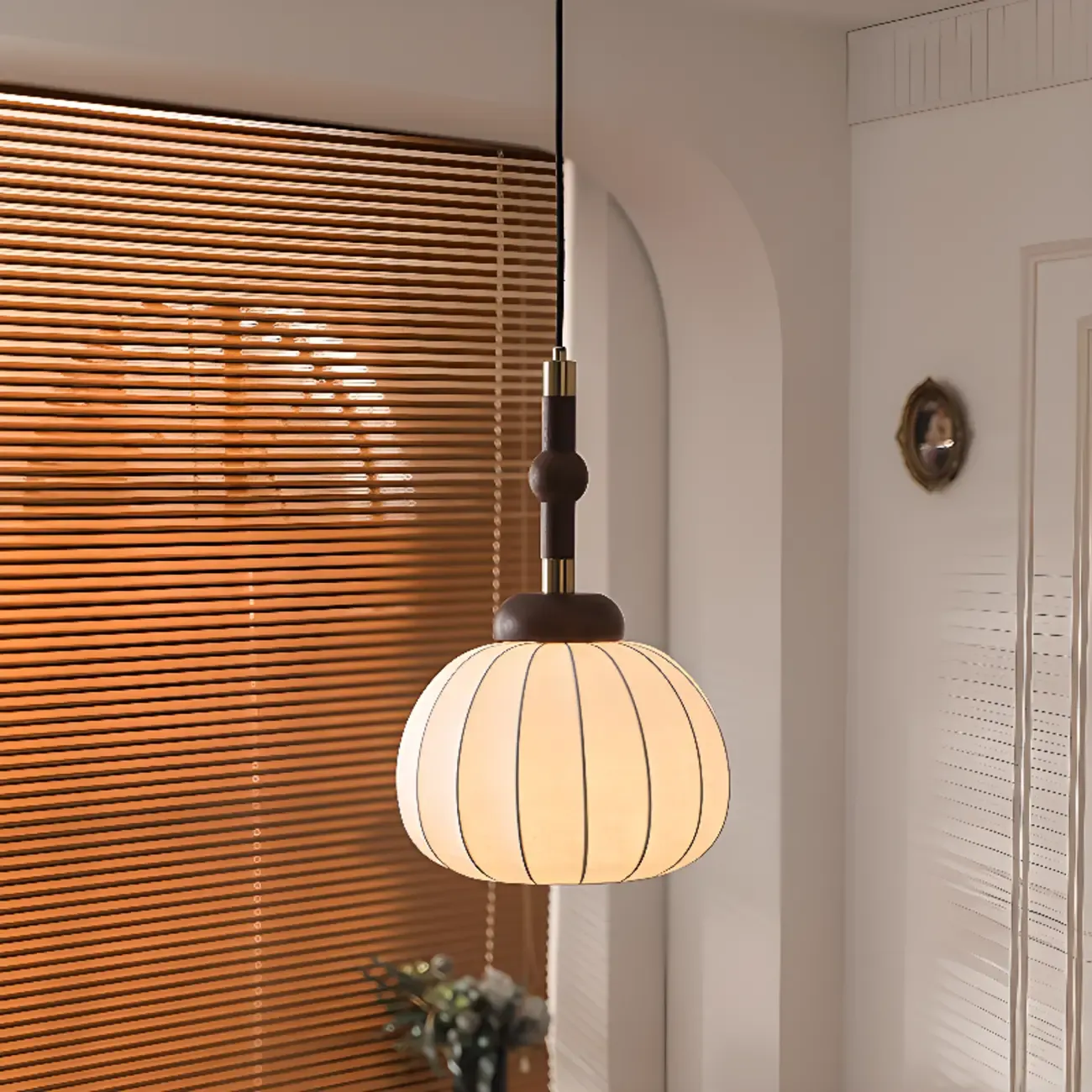 Contemporary Pumpkin Wood & Silk Beige Pendant Light  Image - 1